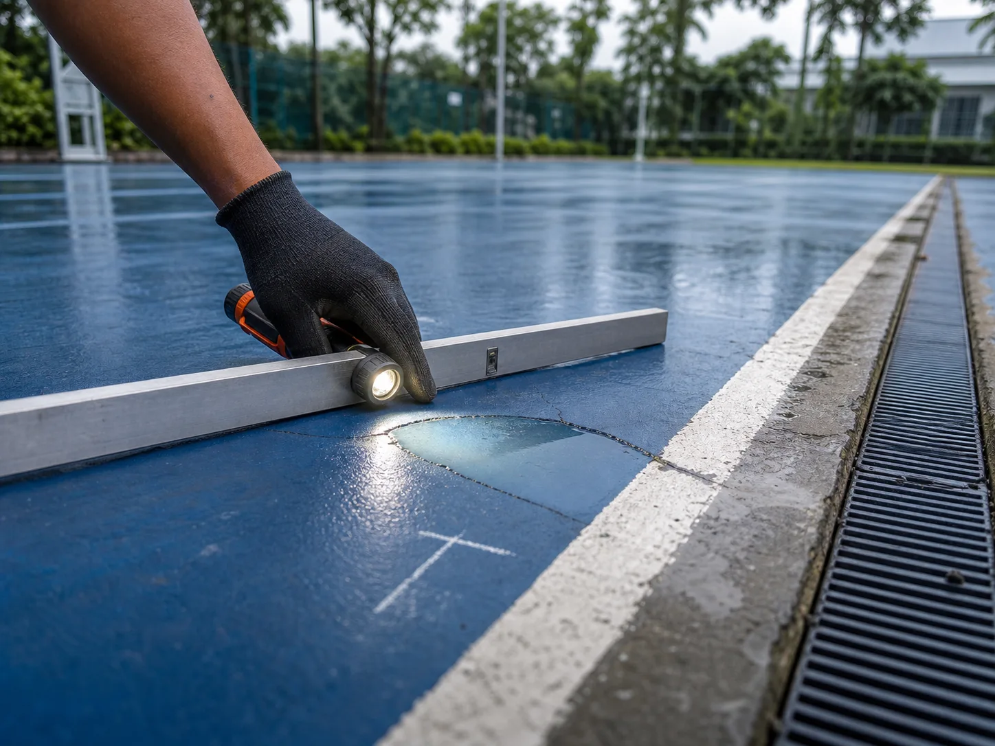 Inspecting a sports-court low point, drainage and crack