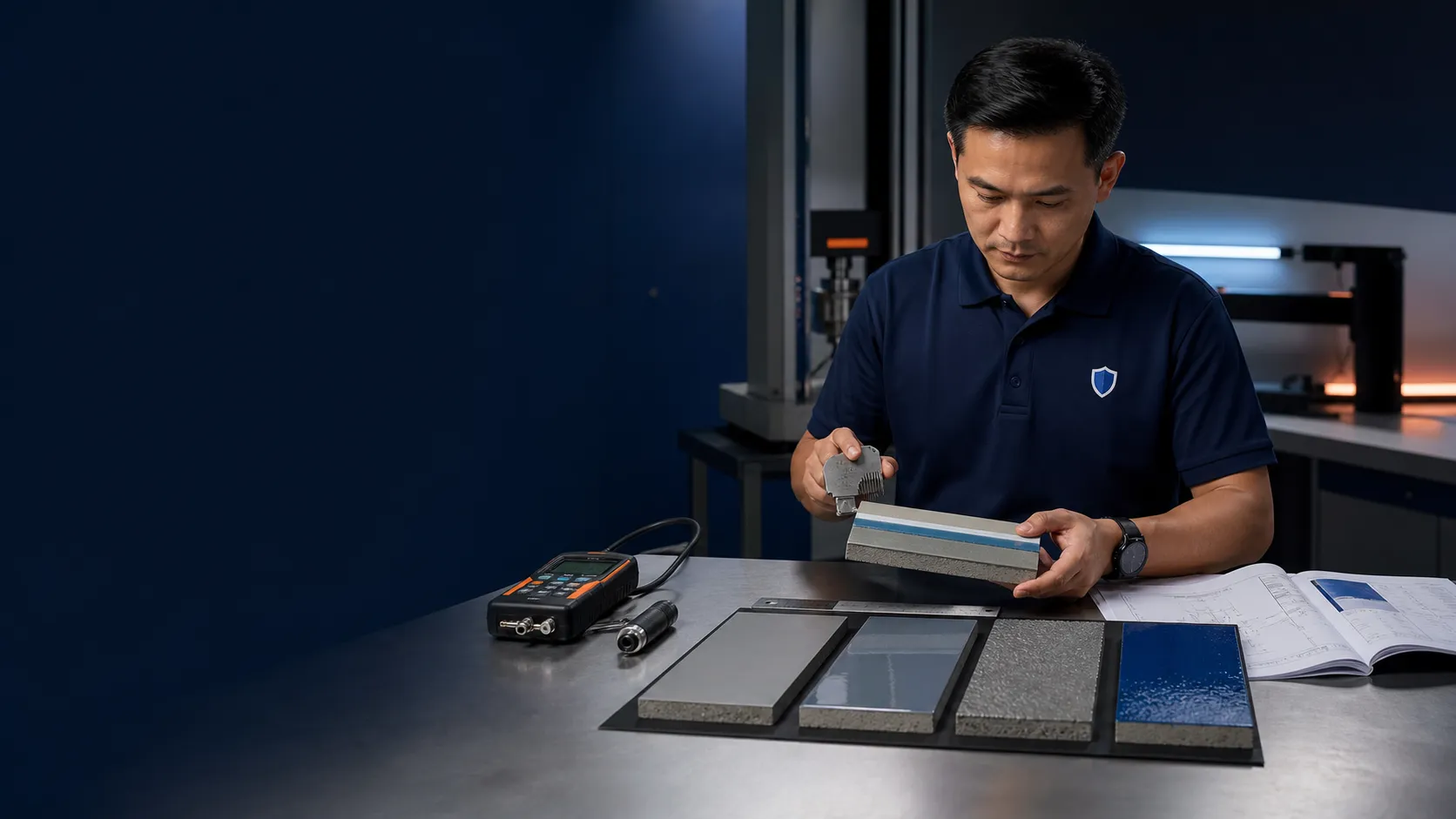 Rayson technical specialist reviewing coating samples, measurement tools and technical documents