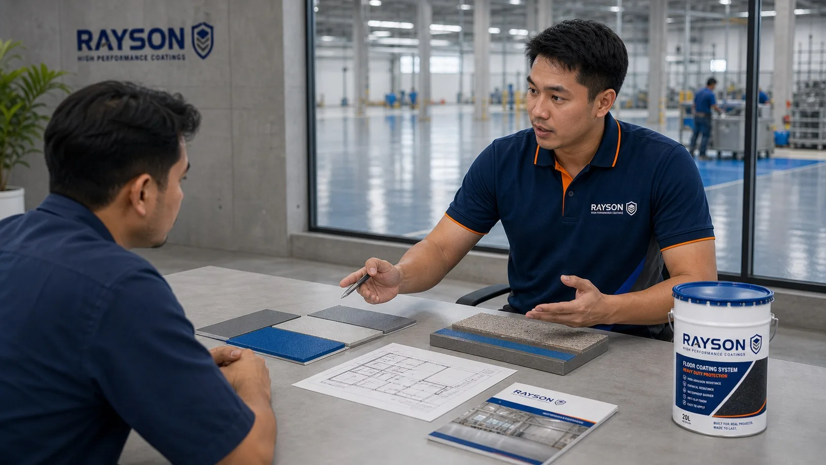 Technical specialist reviewing coating samples, system build-ups and project budget details with a customer