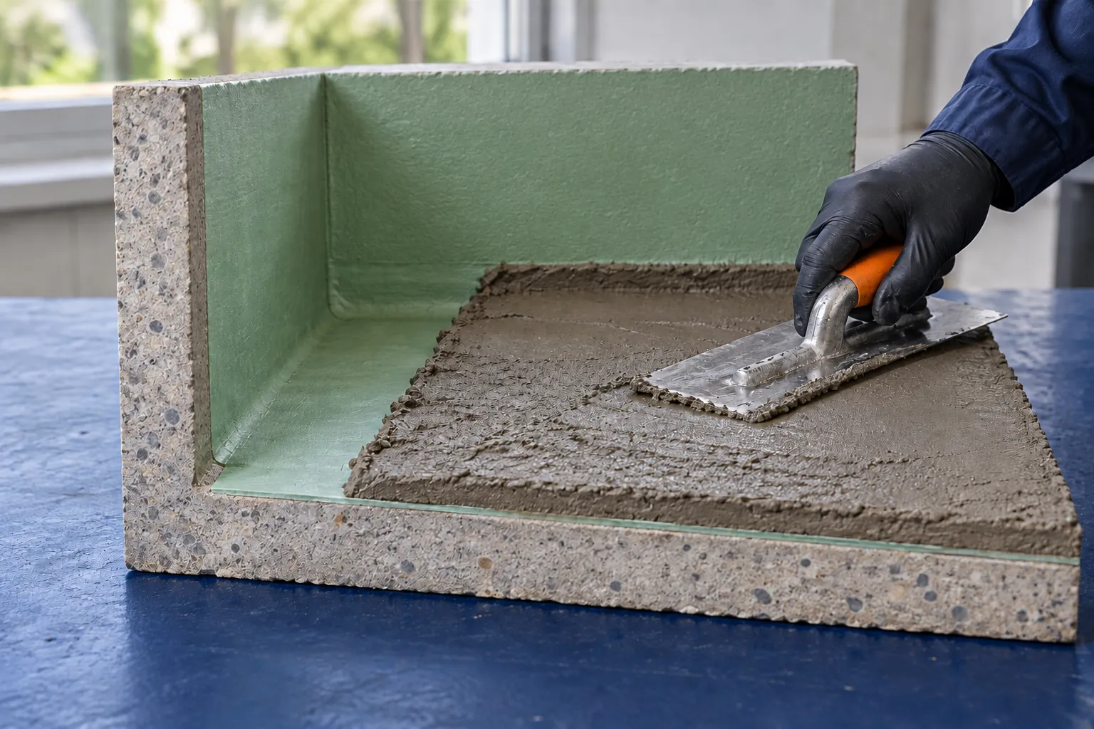 Illustrative wet-area sample showing grey cement mortar above a separate green waterproofing membrane that turns up the walls