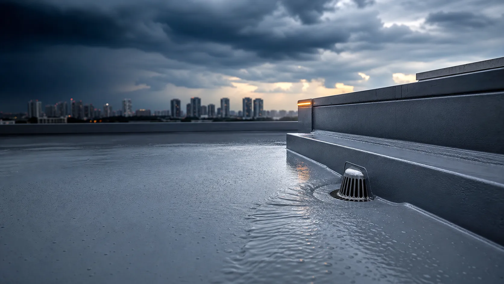 Liquid-applied waterproofing membrane being installed across an exposed Singapore roof deck