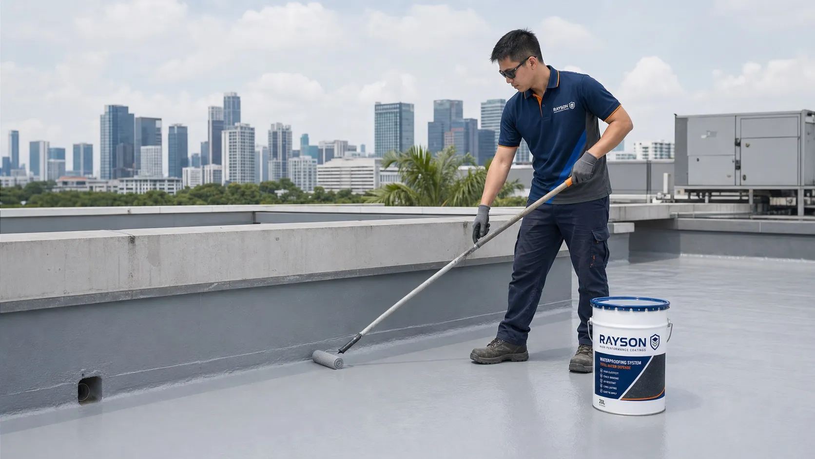 Technician roller-applying a seamless waterproof membrane on a Singapore rooftop deck