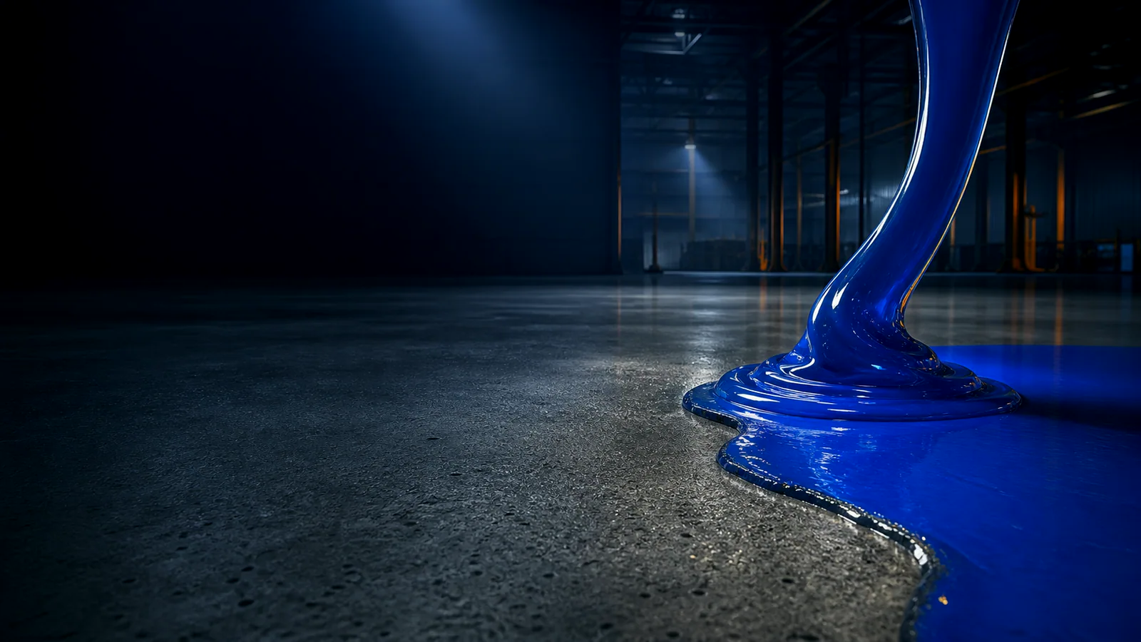 Blue resin coating self-levelling across a prepared industrial floor